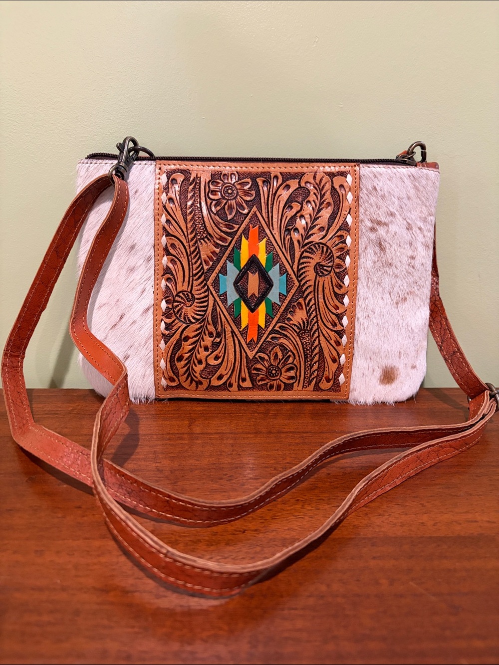 Leather Tooled Cowhide Crossbody Bag with Southwestern Accent - White & Brown